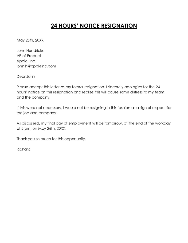 Notice: 24 Hours Resignation Letter Sample