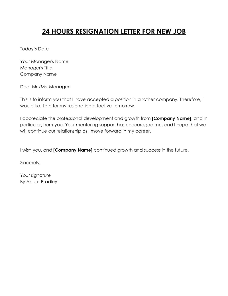 Editable 24 Hrs Resignation Letter Template