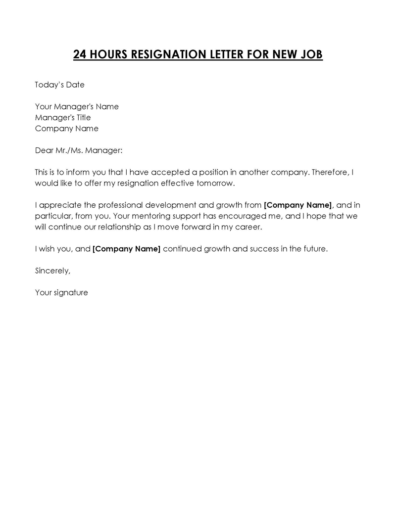 Sample 24 Hours Resignation Letter (Word)