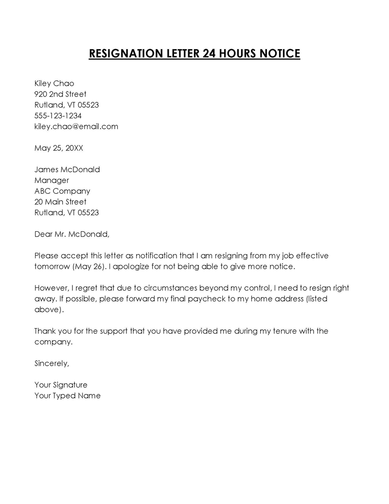 Quick 24 Hours Resignation Letter Template