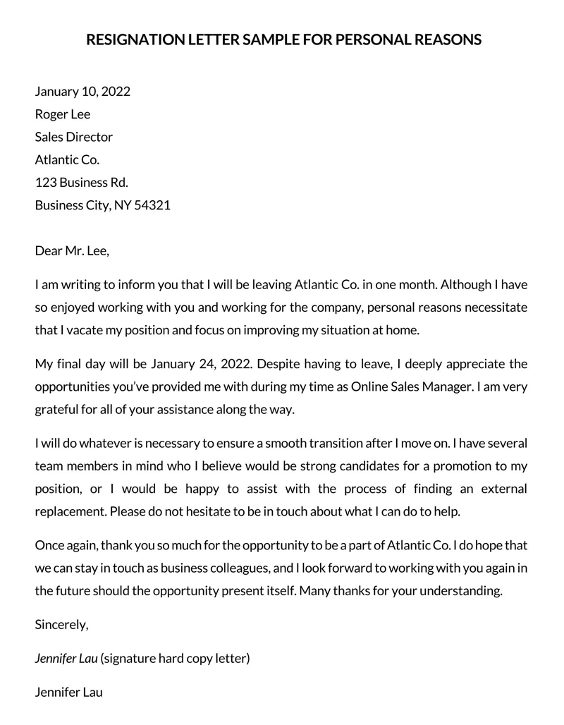 immediate resignation letter for personal reasons pdf