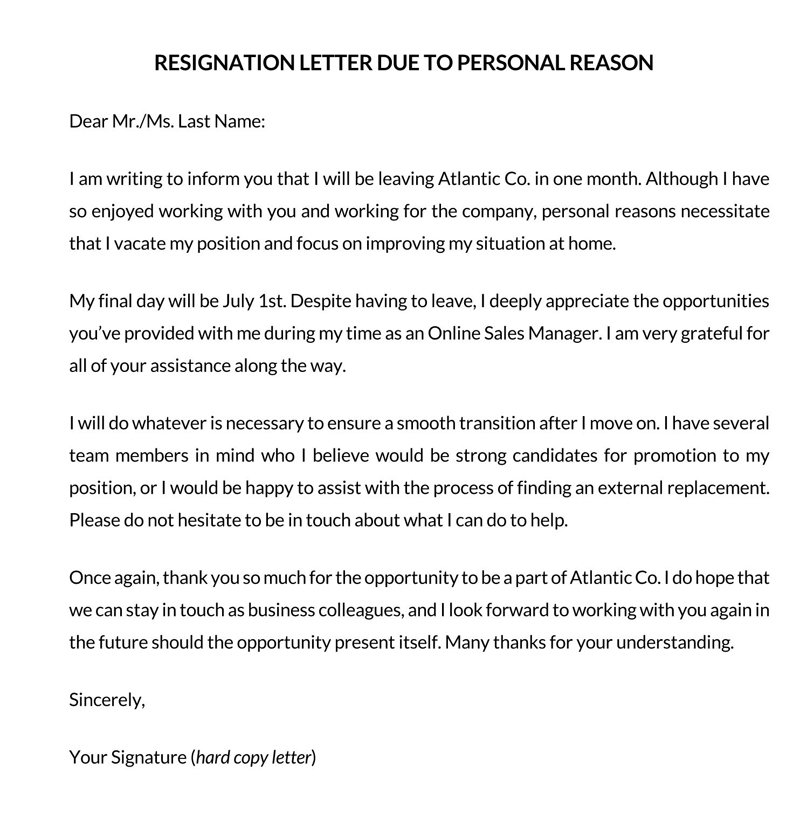 teacher resignation letter for personal reasons