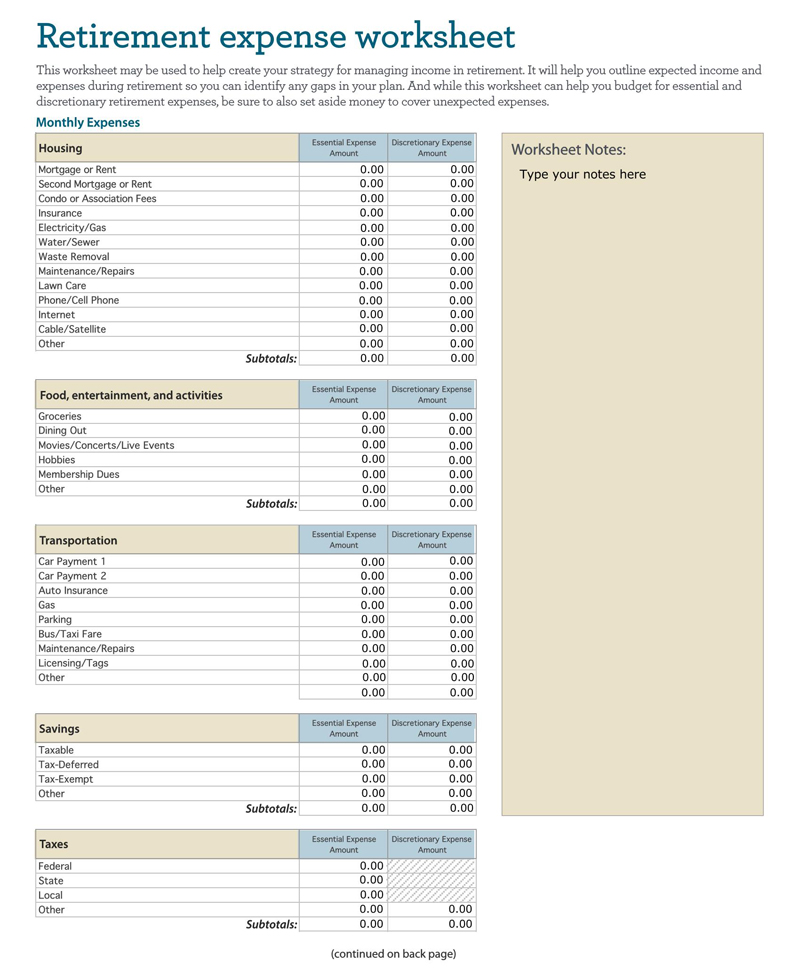 Free Downloadable Retirement Expense Worksheet Template 01 in Pdf Format