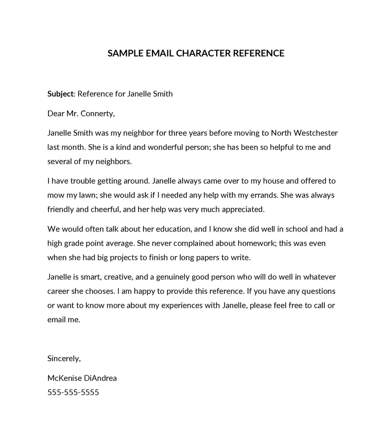 SAMPLE EMAIL CHARACTER REFERENCE