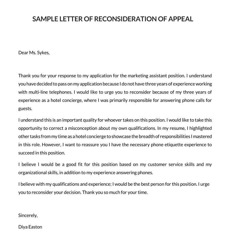Free Printable Letter of Appeal for Reconsideration of Marketing Assistant Position Sample for Word Format