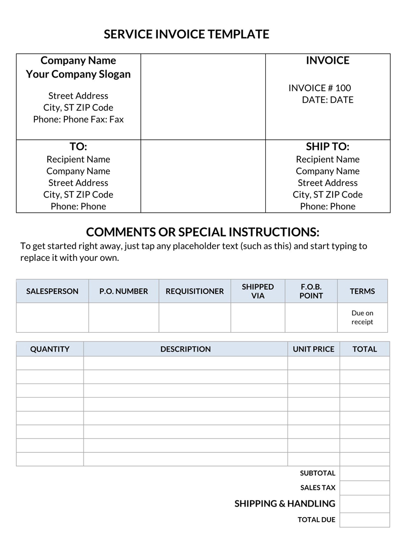 Free Service Invoice Template 01 for Word