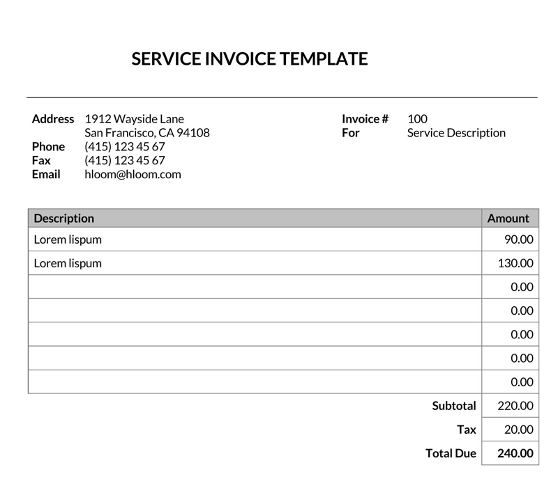 Printable Service Invoice Template 05 for Word