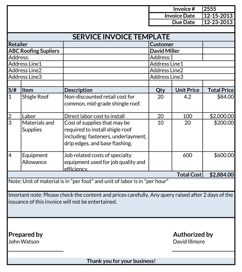 Free Service Invoice Template 15 for Excel