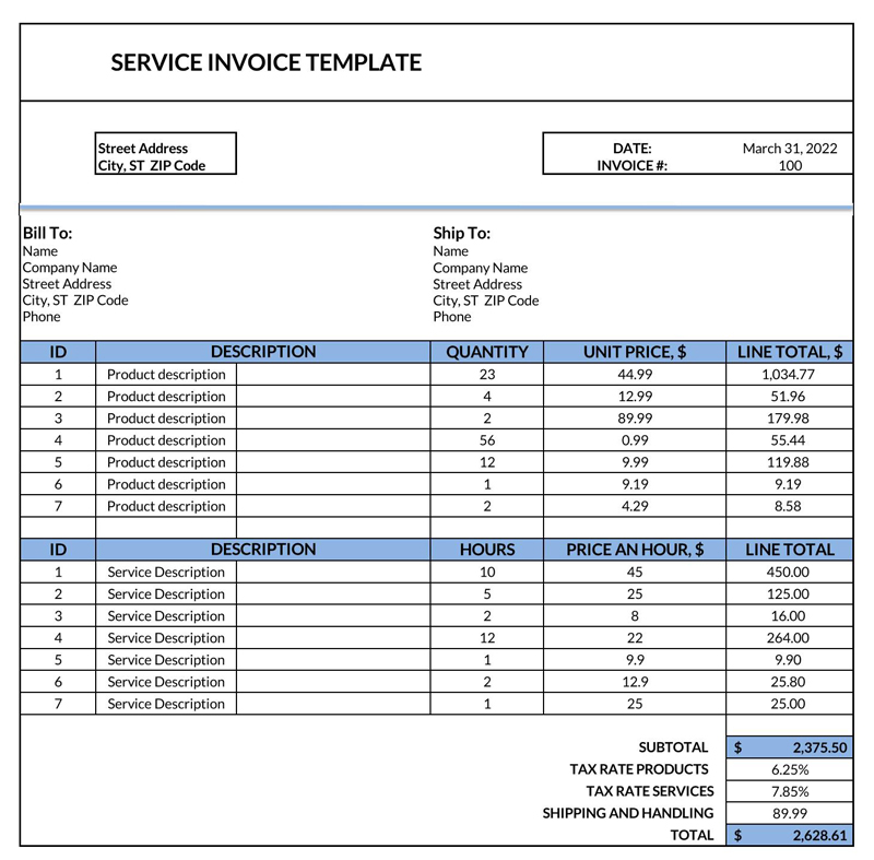 Printable Service Invoice Template 16 for Excel