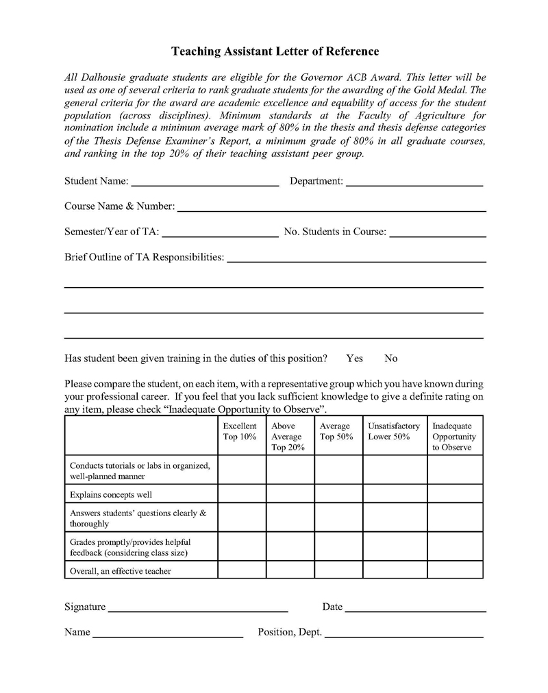 Teaching Assistant Letter of Reference