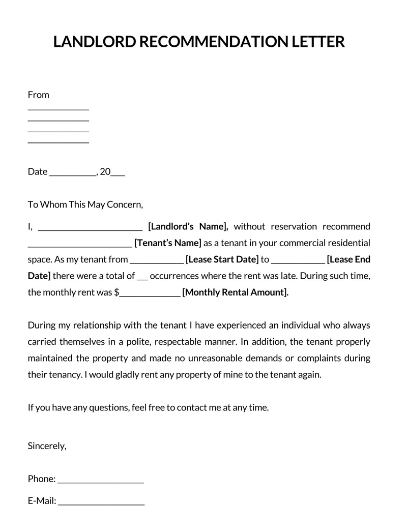 Free tenant recommendation letter template