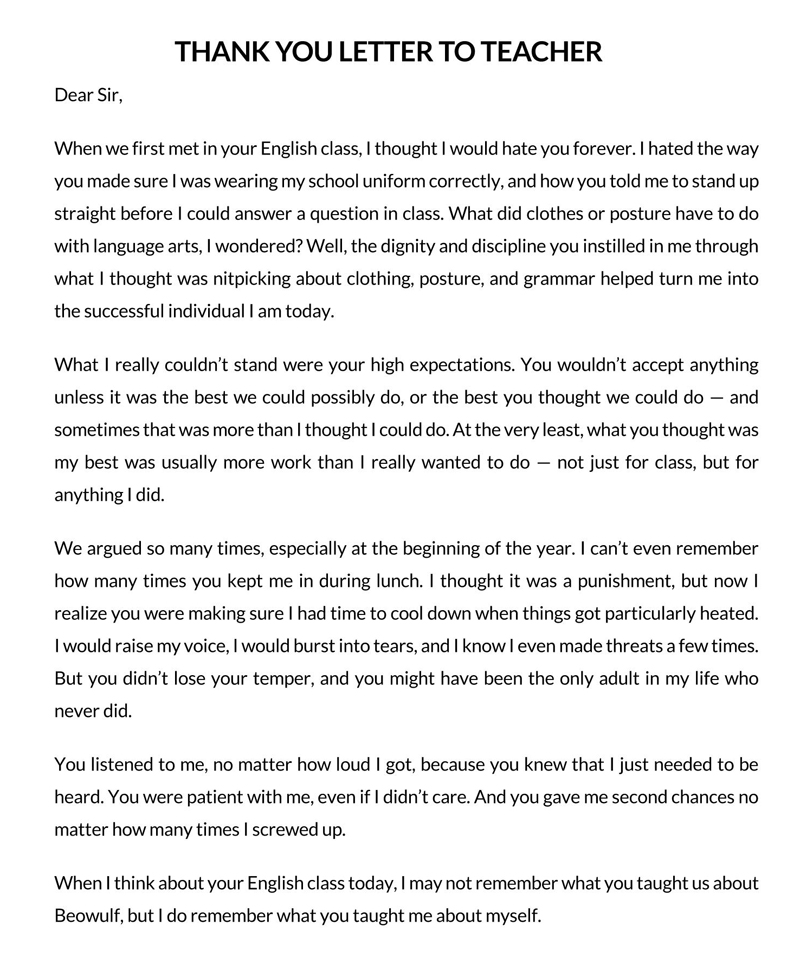 thank you letter to kindergarten teacher from parents
