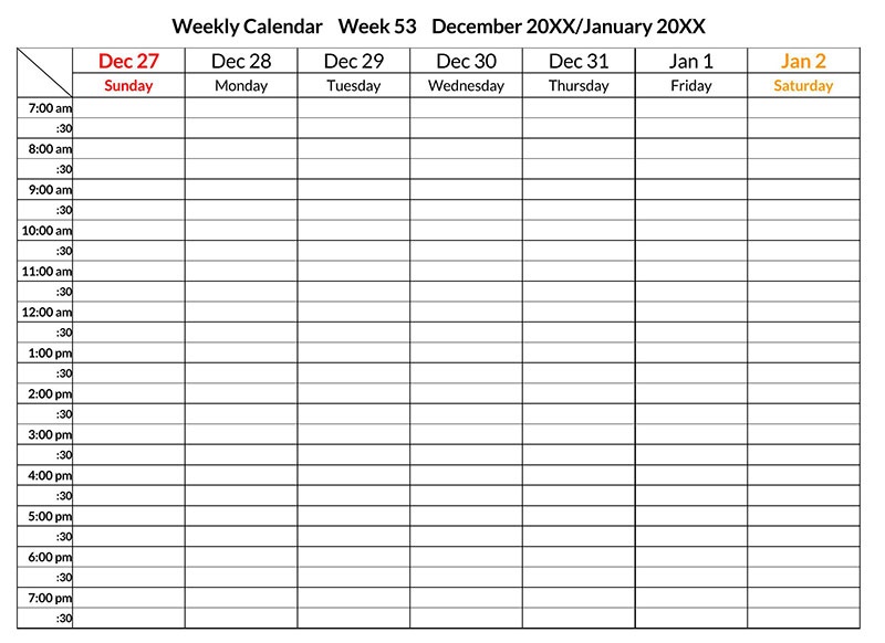 weekly calendar template 2022