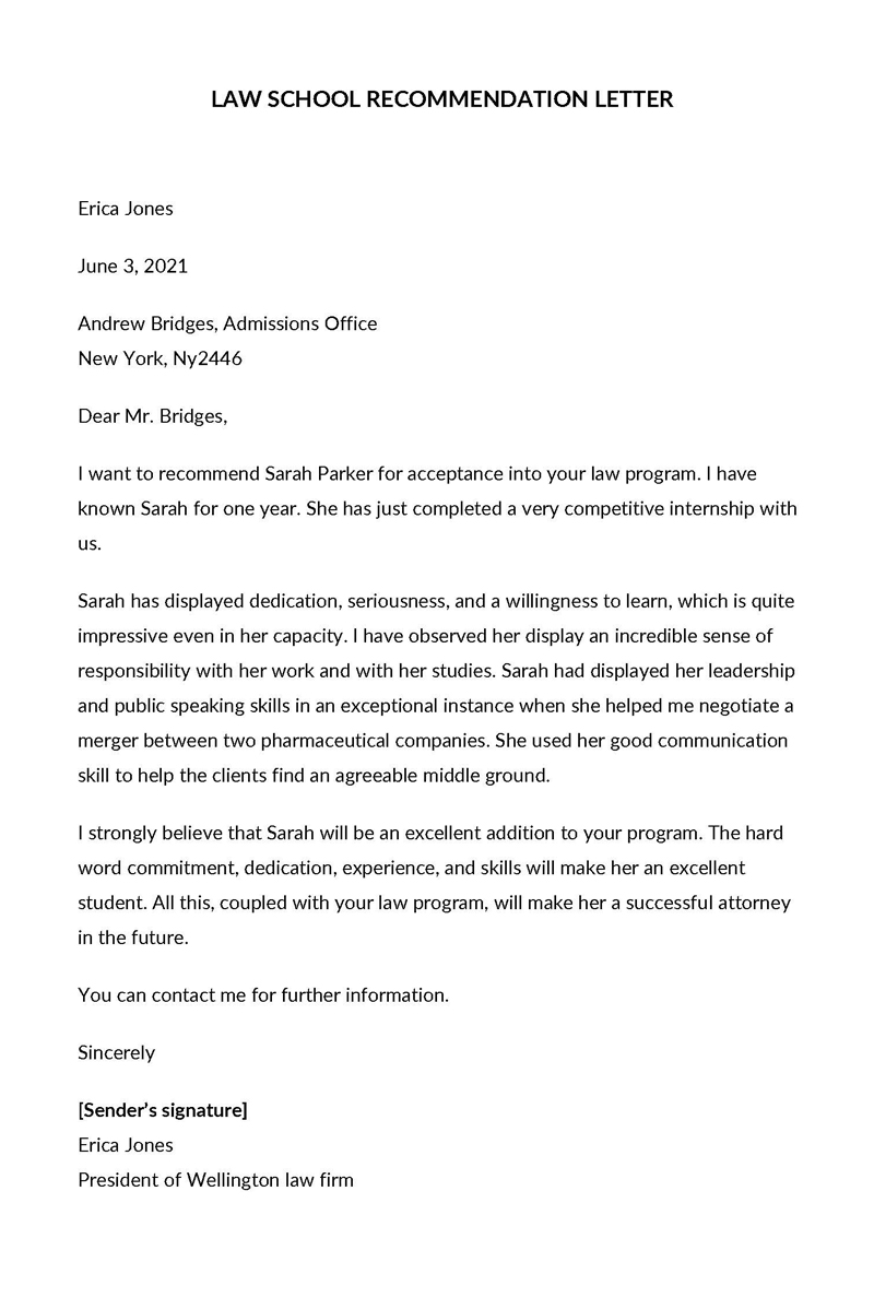 Free Law School Letter of Recommendation Sample 06 for Word File