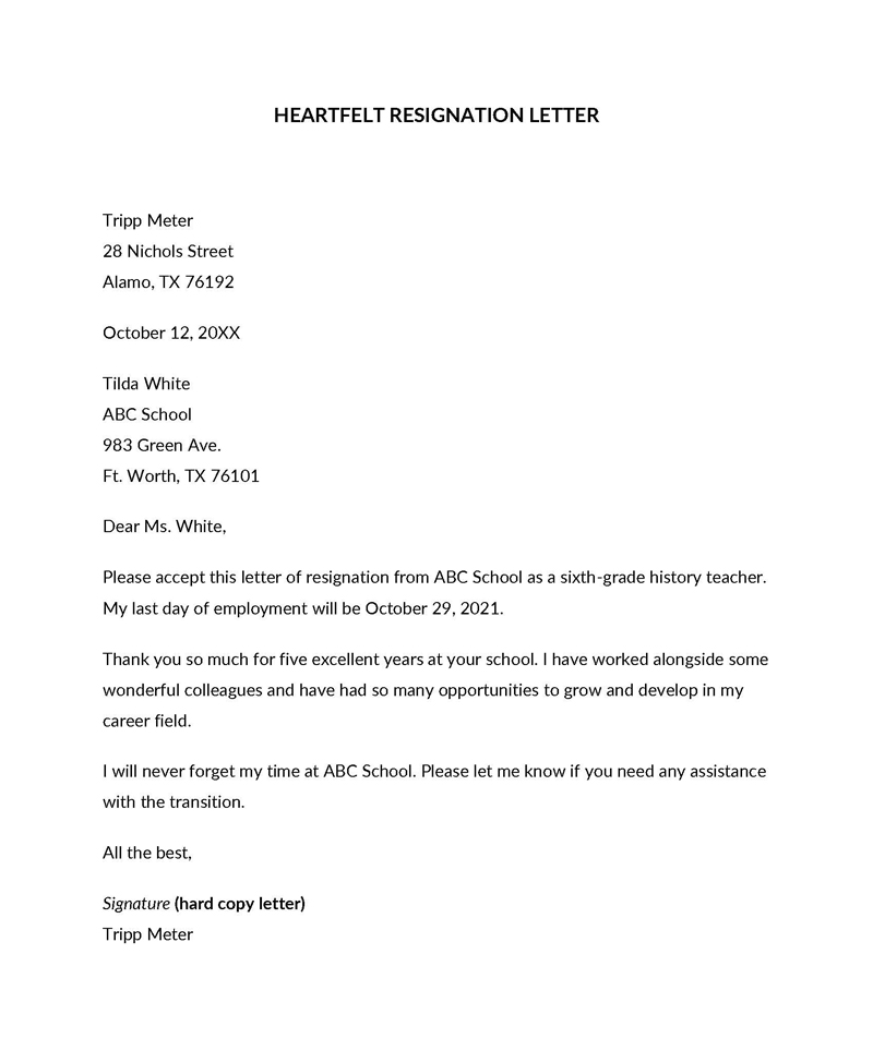 Heartfelt Resignation Letter Word Format