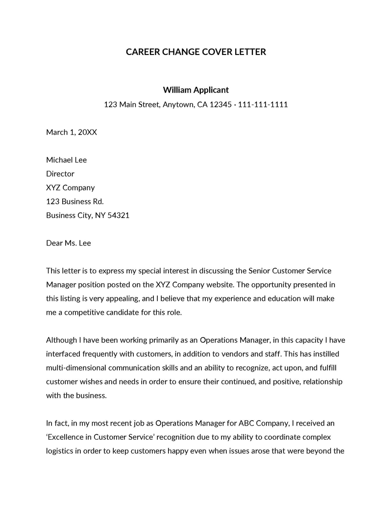 Printable Career Change Cover Letter Example 03 for Word