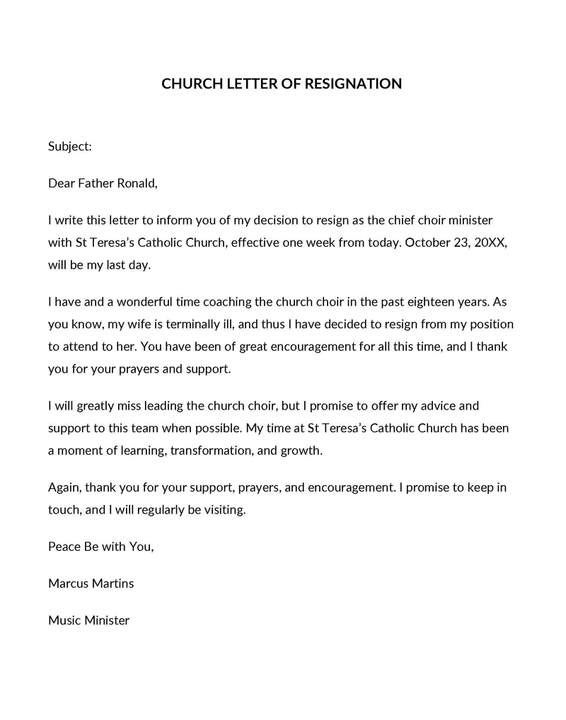 Free Editable Chief Choir Minister Church Resignation Letter Sample as Word Format