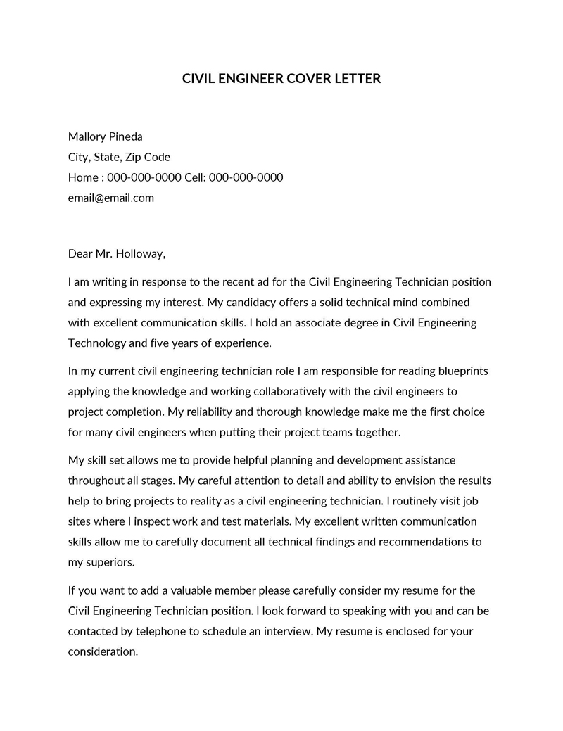 "Free Civil Engineer Cover Letter Example"