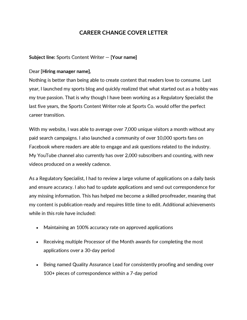 cover letter for career change to sports content writer