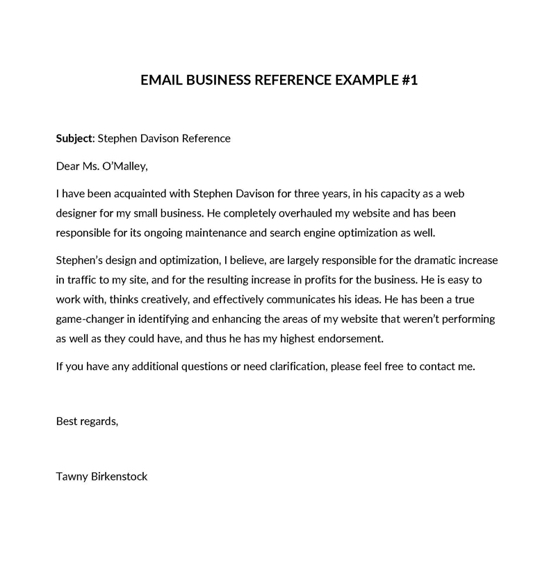 Formal Business Character Reference Email Sample as Word File
