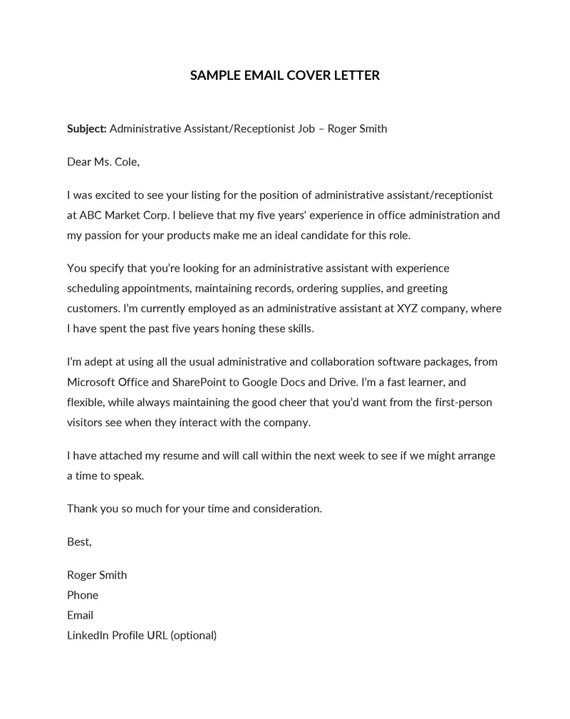email cover letter sample for receptionist