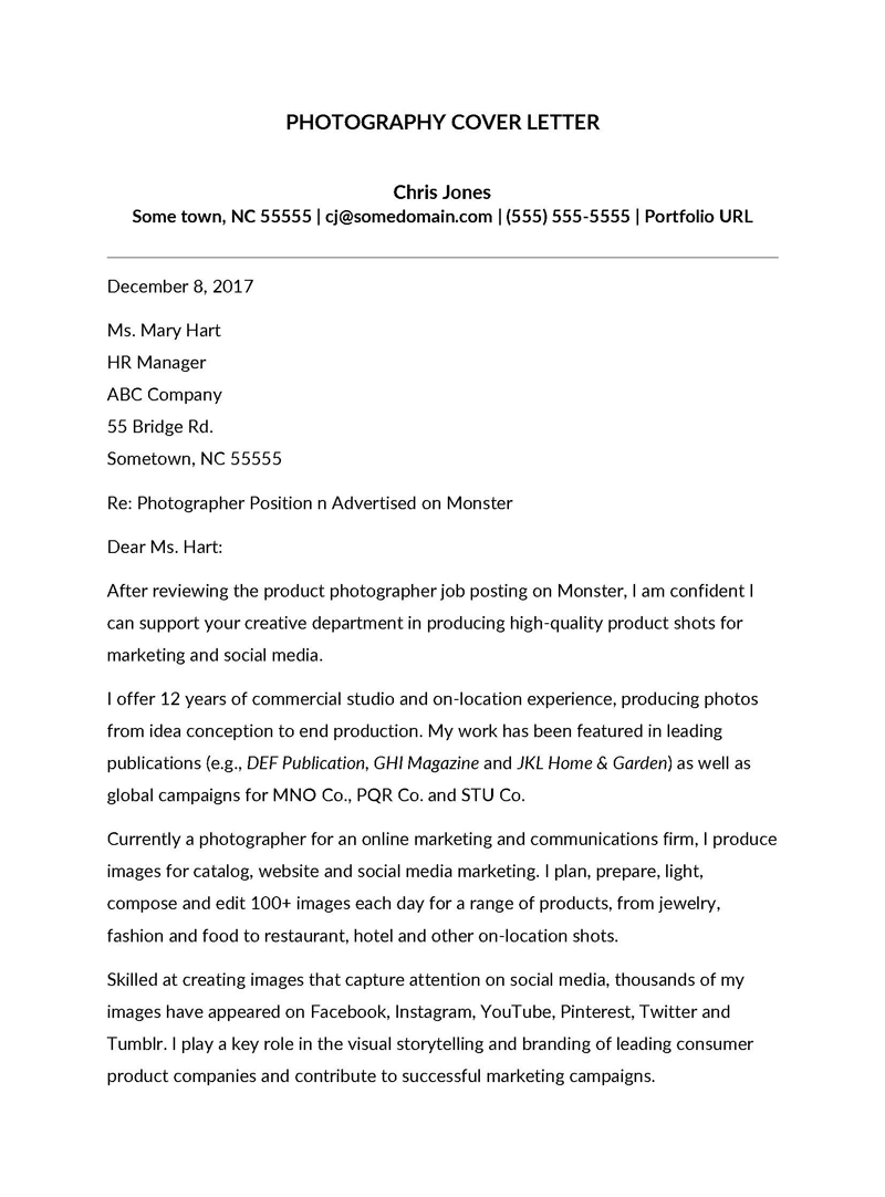 free photography cover letter template