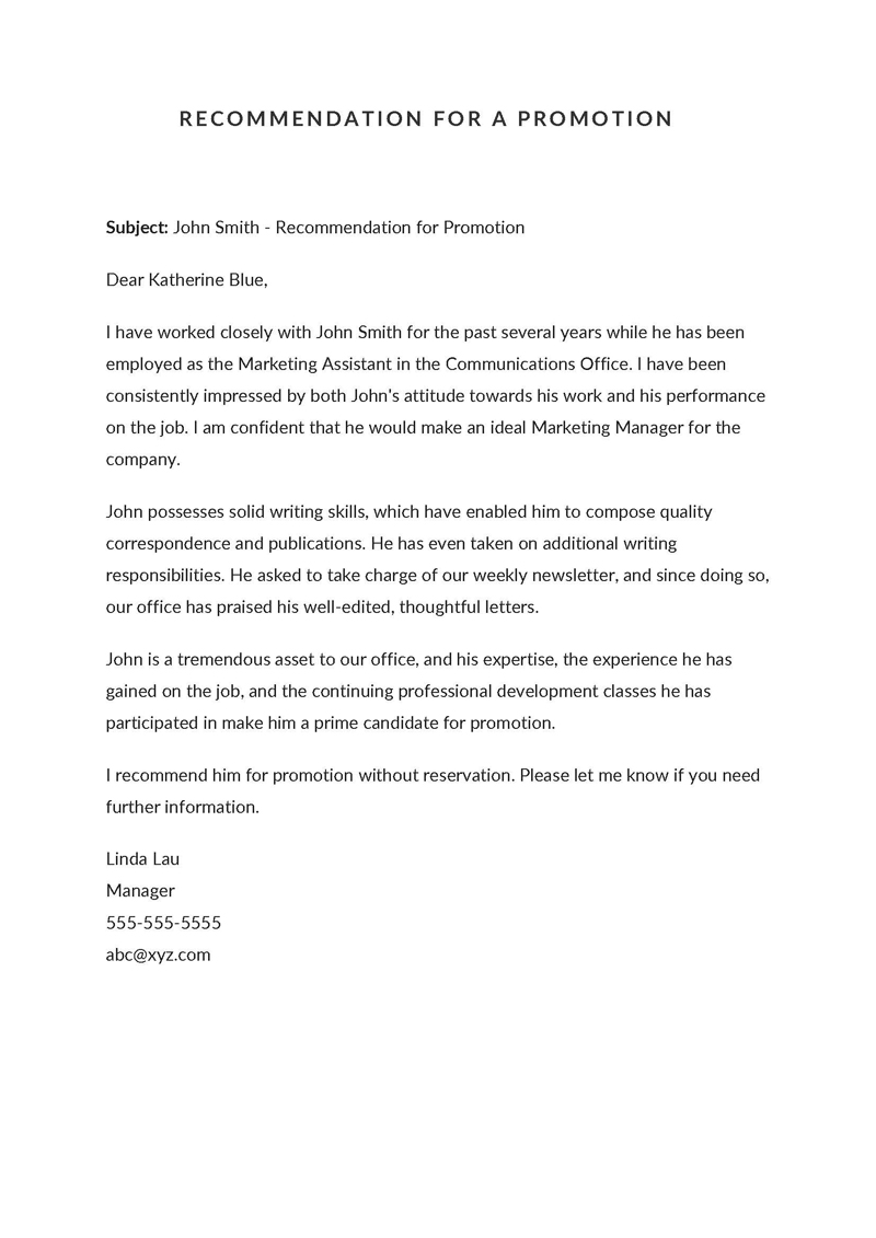 Free Editable Employee Promotion Recommendation Letter Template 01 for Word Document