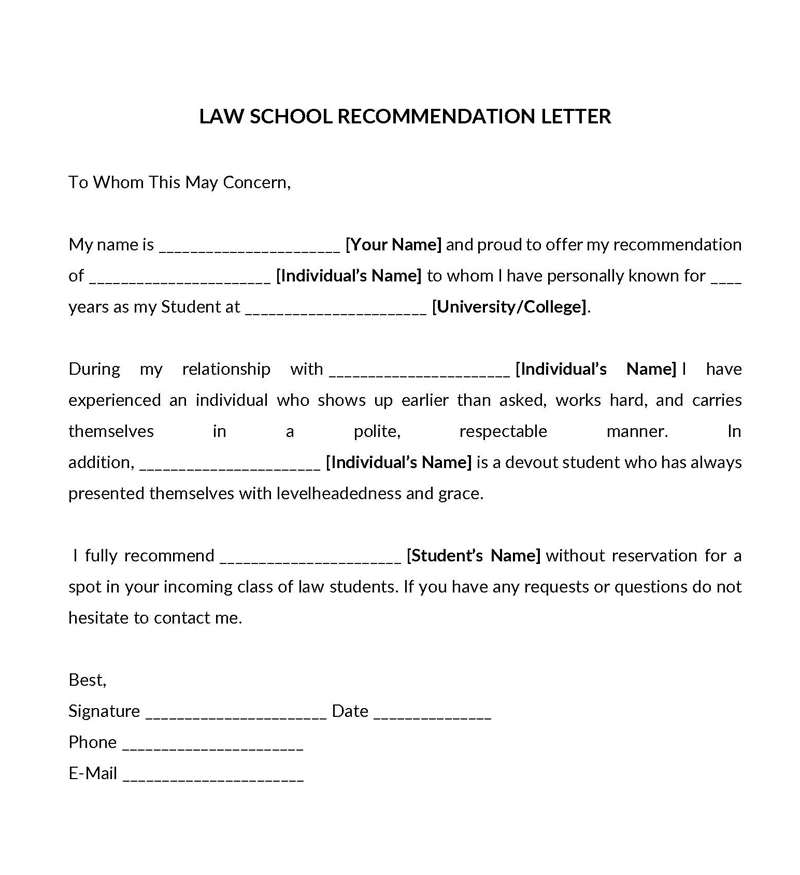  law school letter of recommendation sample