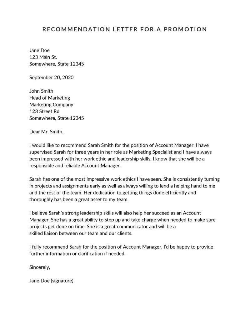 lProfessional Promotion Recommendation Letter Template