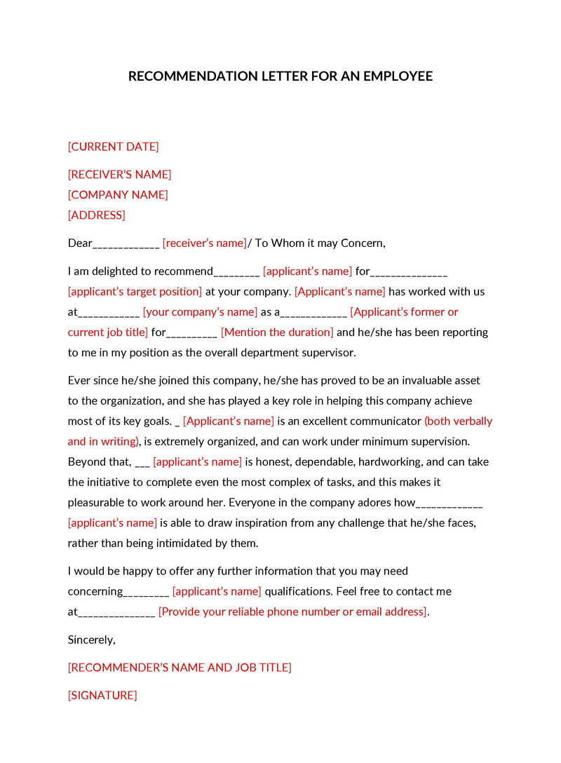Editable letter of recommendation for an employee example 02
