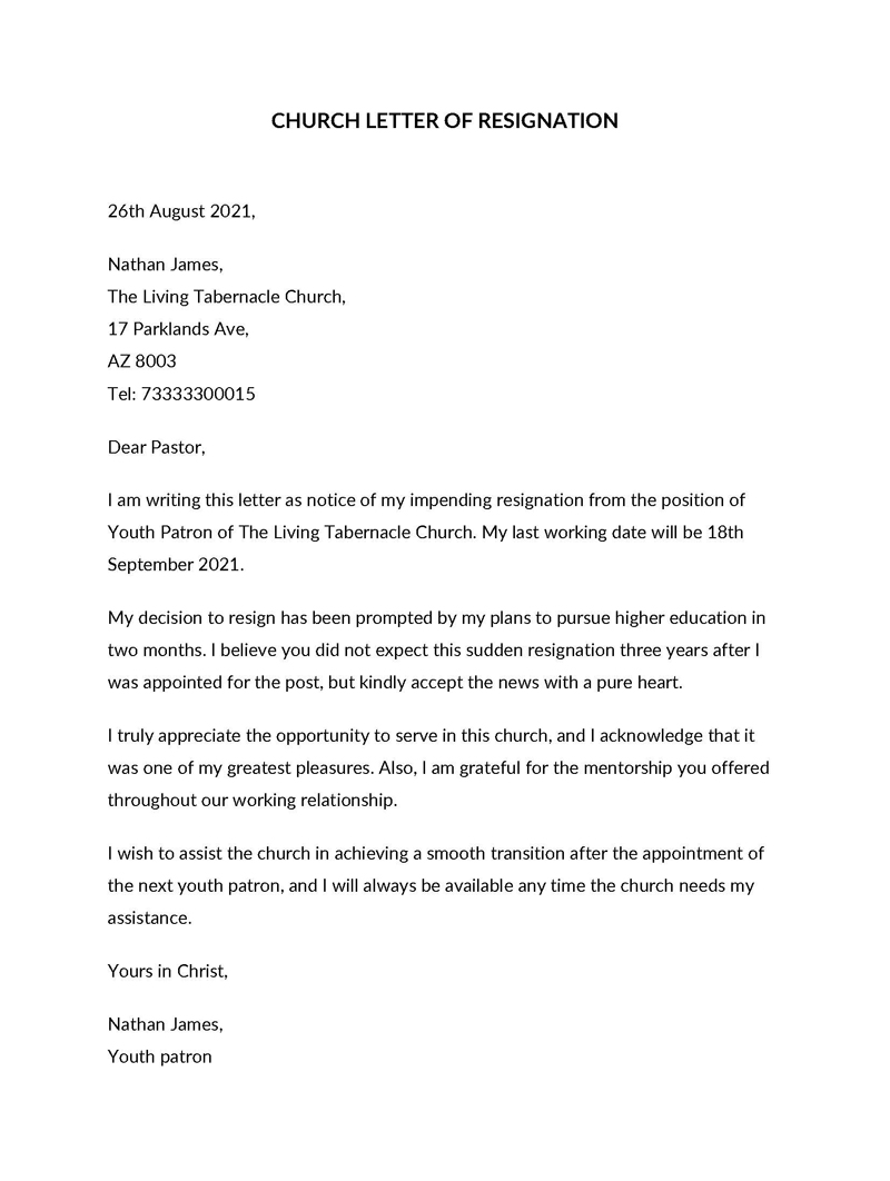 Free Editable Youth Patron Church Resignation Letter Sample as Word Format