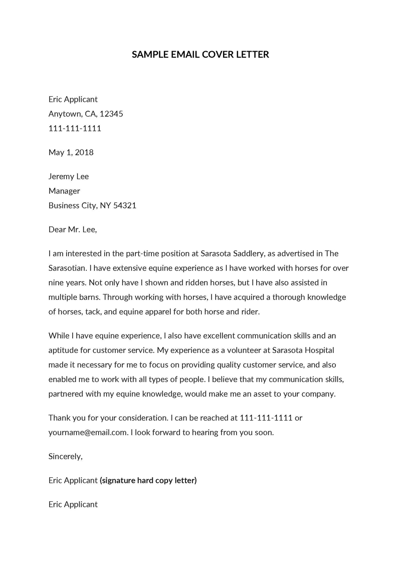 Professional email cover letter example