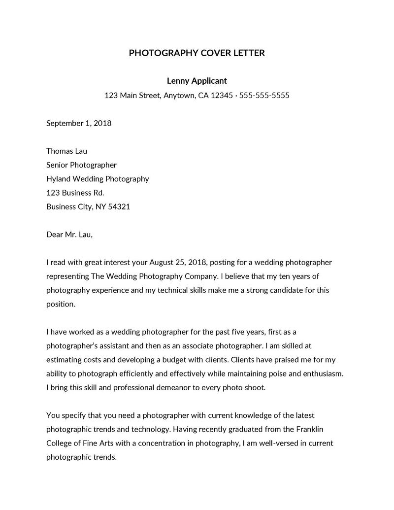  photographer cover letter template