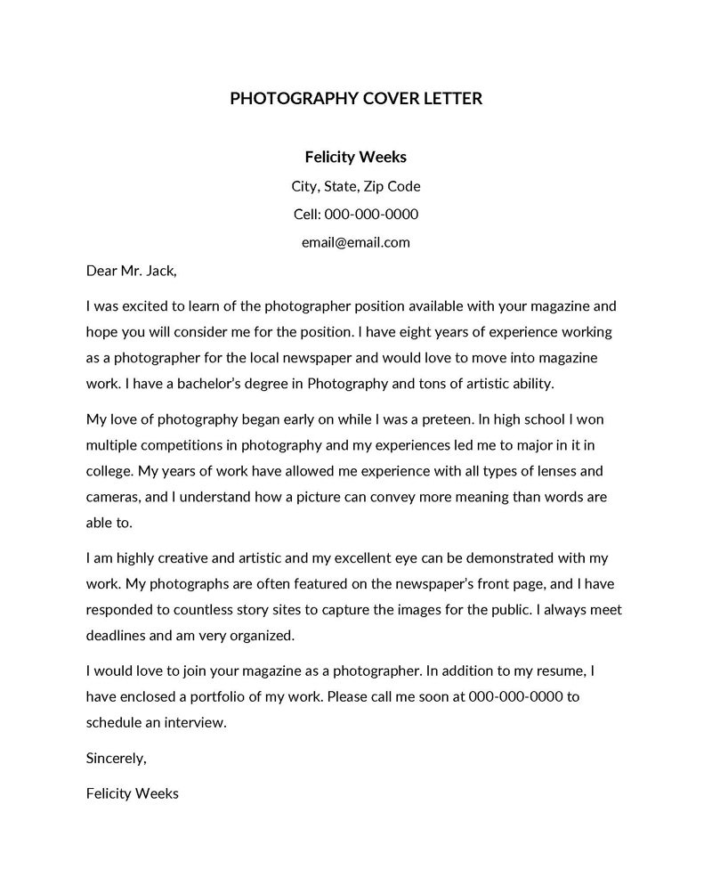 photography cover letter template