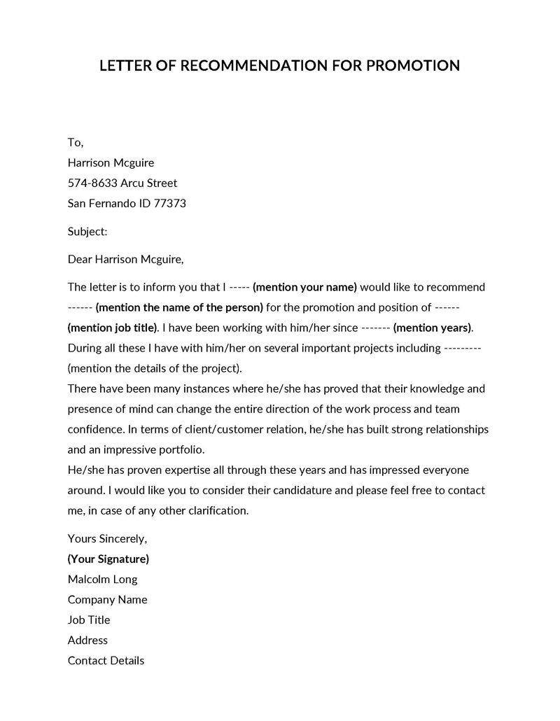 User-Friendly Promotion Recommendation Letter Template