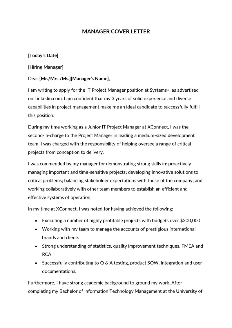 project manager cover letter