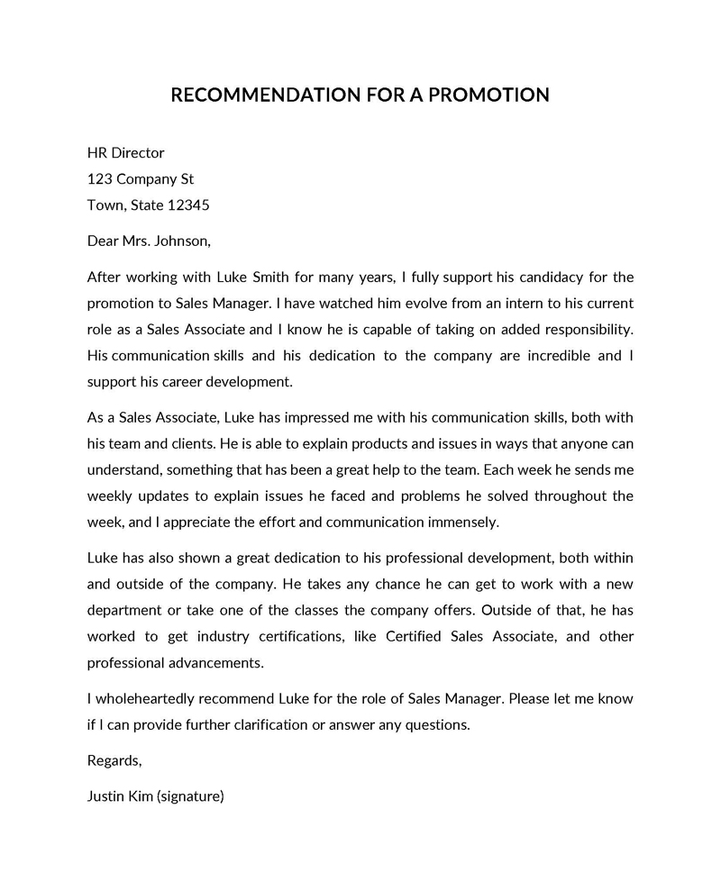 sample promotion recommendation letter