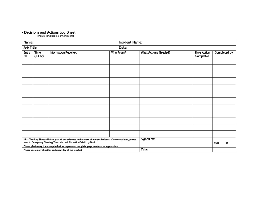 Decision and Activity Log Sheet