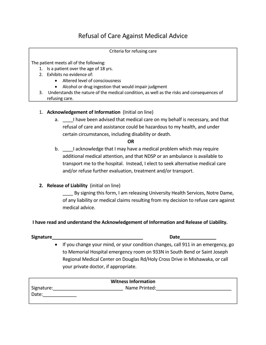 Printable Against Medical Advice (AMA) Form - Sample
