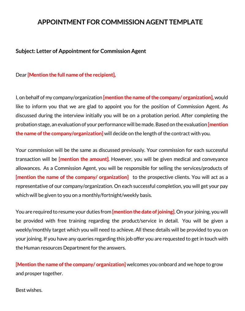 Free Sample Appointment Letter for Commission Agent