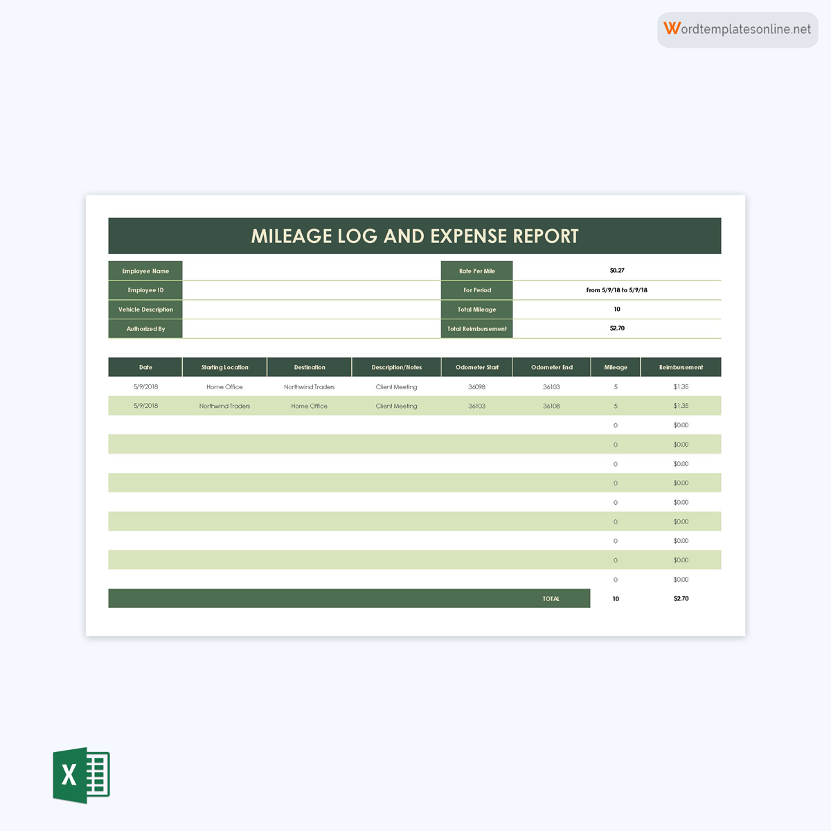 Free mileage log and expense report Excel template 01