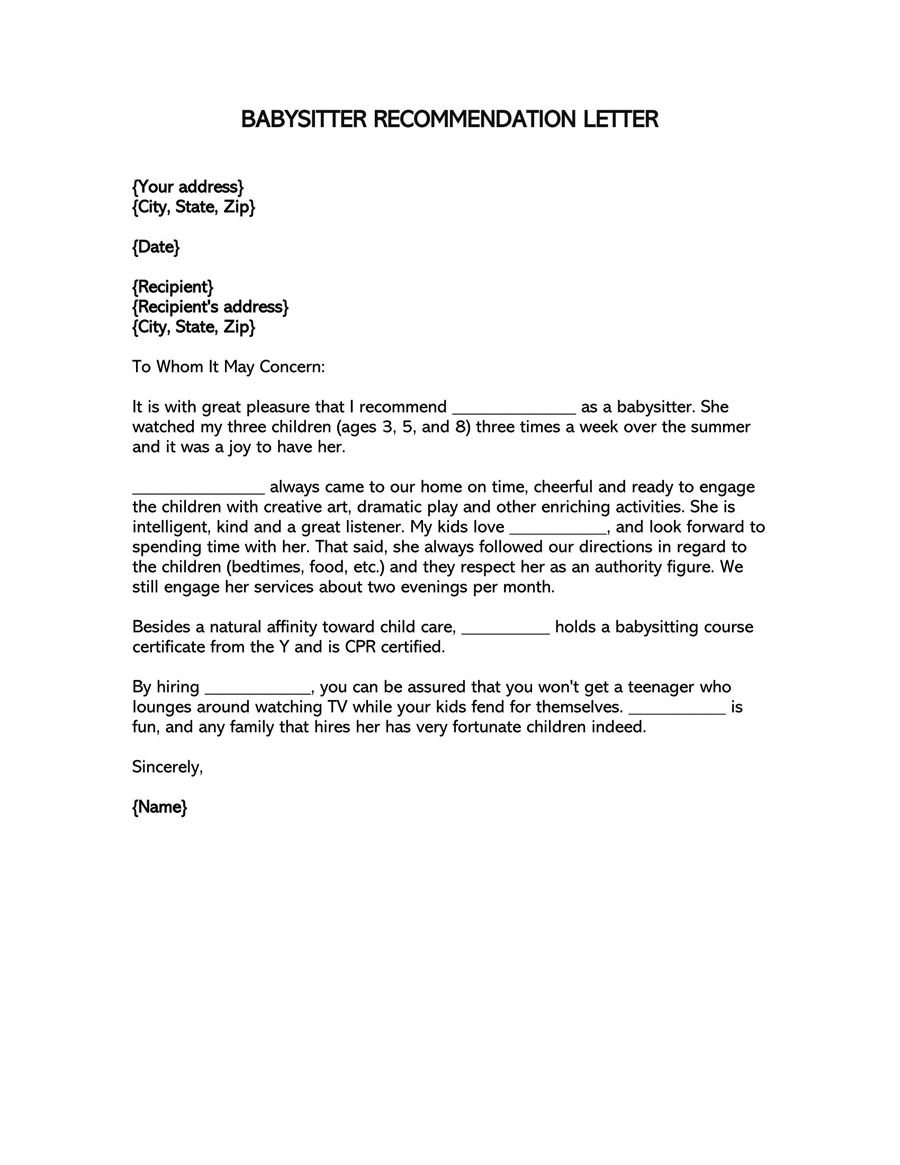 Babysitter Letter of Recommendation Template