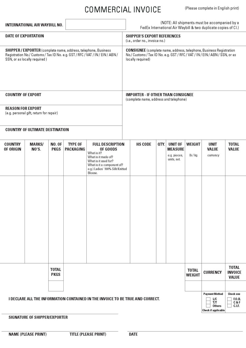 Printable Commercial Invoice Template 07 for PDF