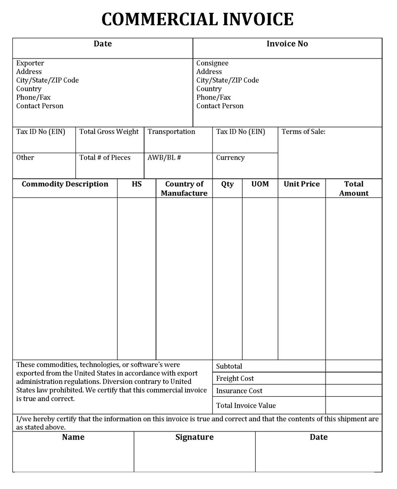 Editable Commercial Invoice Template 01 for Word