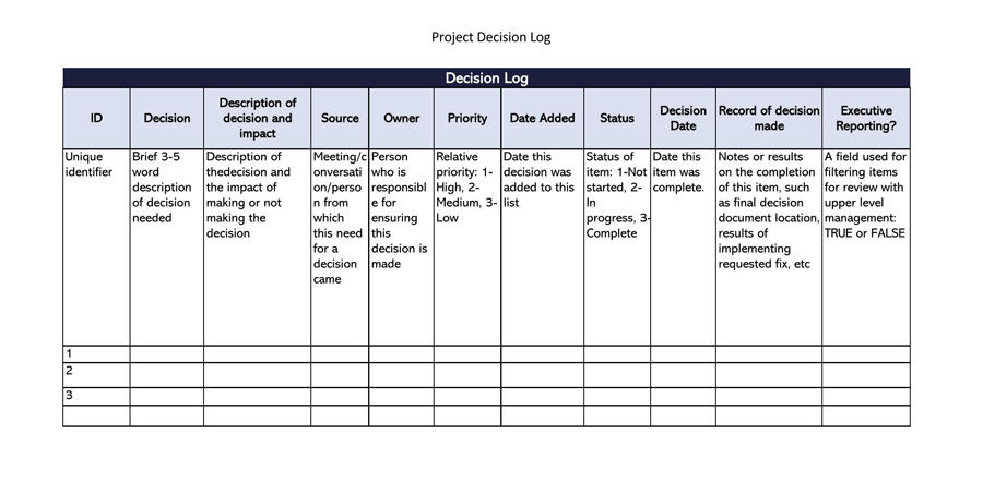 Decision Log Excel Sheet
