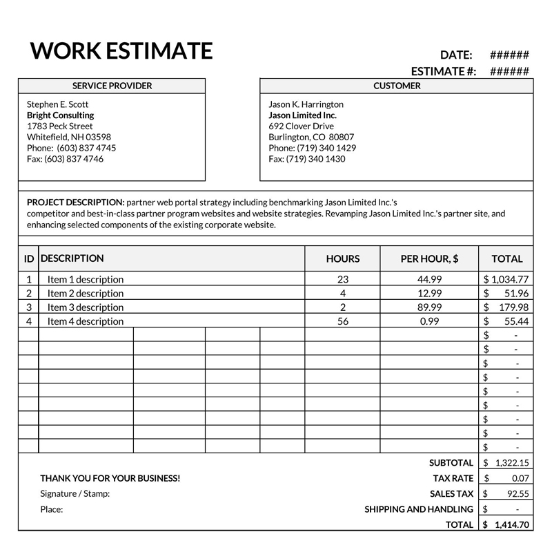 estimate template word