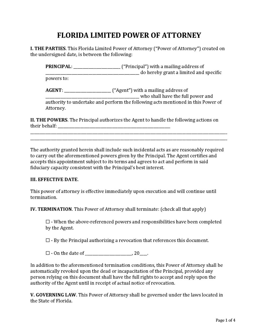 Printable Limited Power of Attorney Template in Florida - Free Download