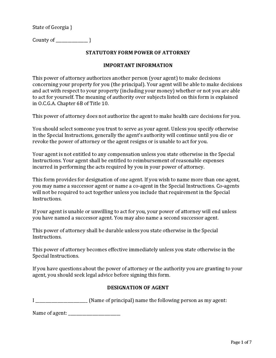 Free Downloadable Georgia Statutory Power of Attorney Form as Word Document
