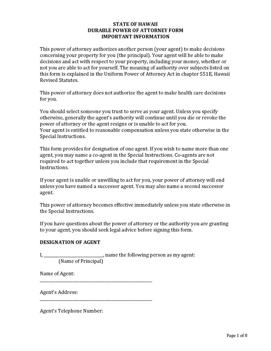 Free Hawaii Durable Power of Attorney Form - Printable Version