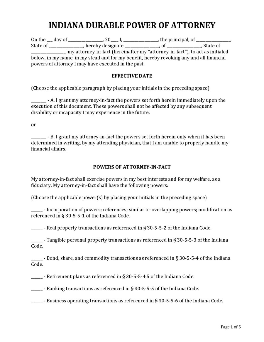 Free Printable Indiana Durable (Financial) Power of Attorney Form as Word Document